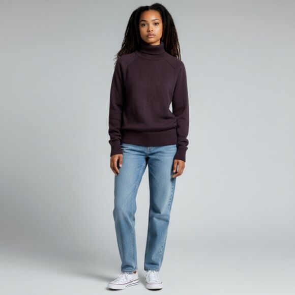 LINE Knitwear 100% Cashmere Turtleneck Sweater Dark Purple Small/P Thumb Holes - Picture 9 of 9